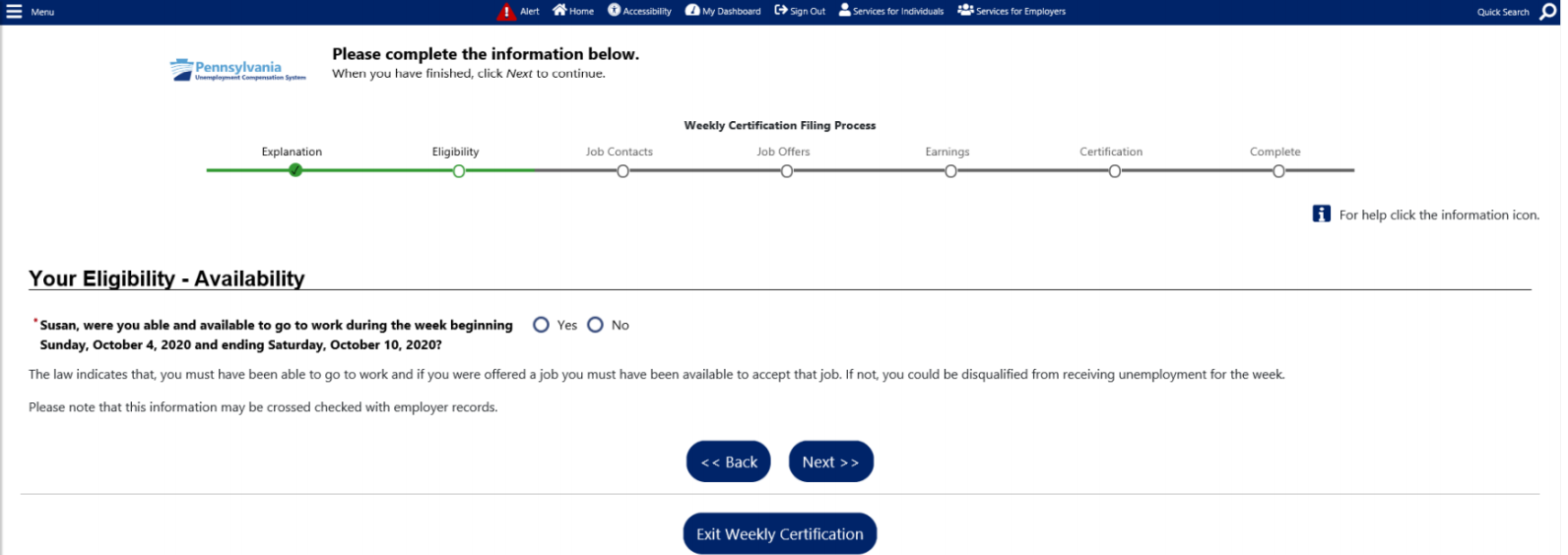 Screenshot of the online UC weekly certification able and available question.