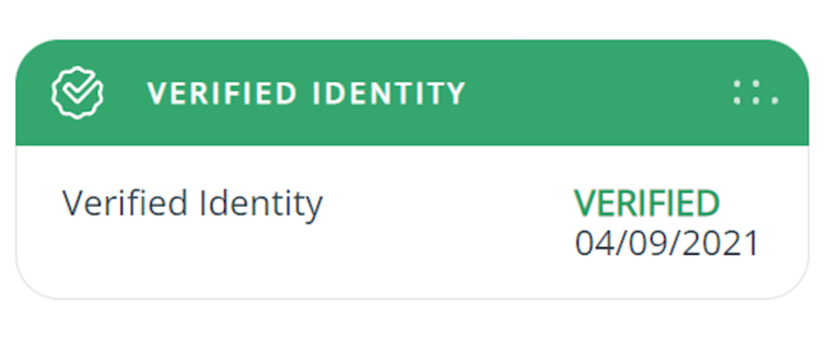 Screenshot of ID.Me verification confirmation. A rectangle with a green background on the top half that says "Verified Identity". Below with a white background it says "Verified Identity: Verified April 9 2021