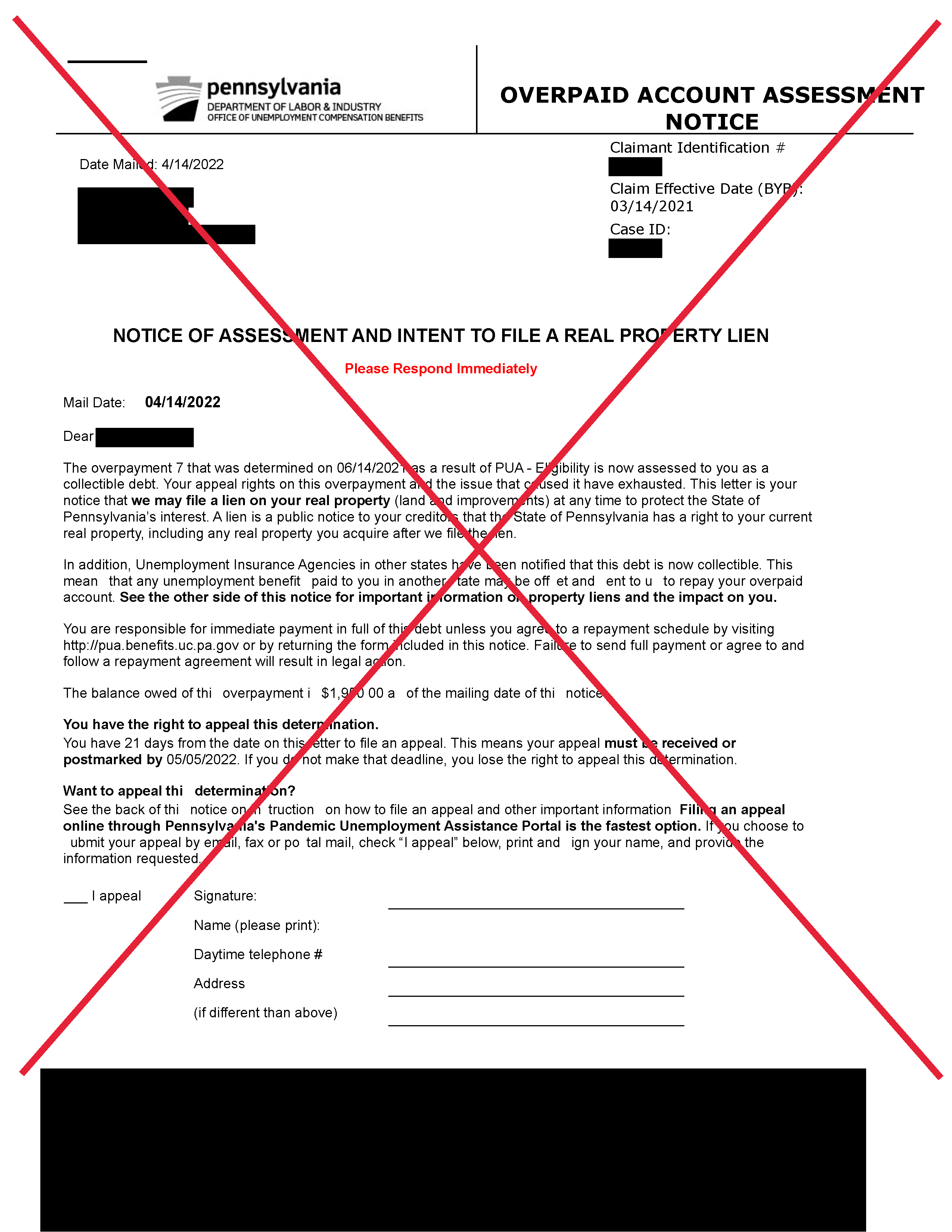 Example of the incorrect PUA lien notice.
