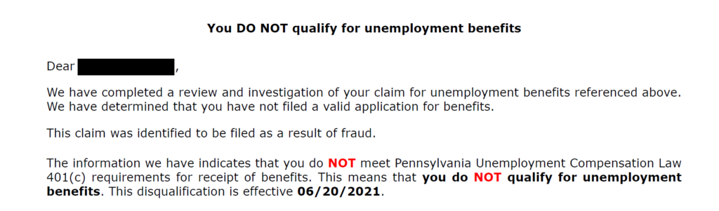 Screenshot of a 401(c) fraud determination notice.